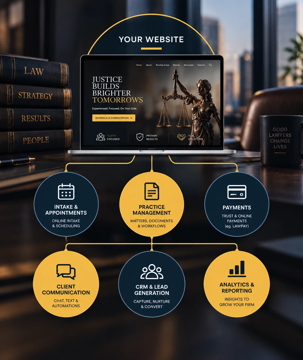 Law firm website connected with intake and appointments, practice management, payments, client communication, CRM and lead generation, and analytics and reporting