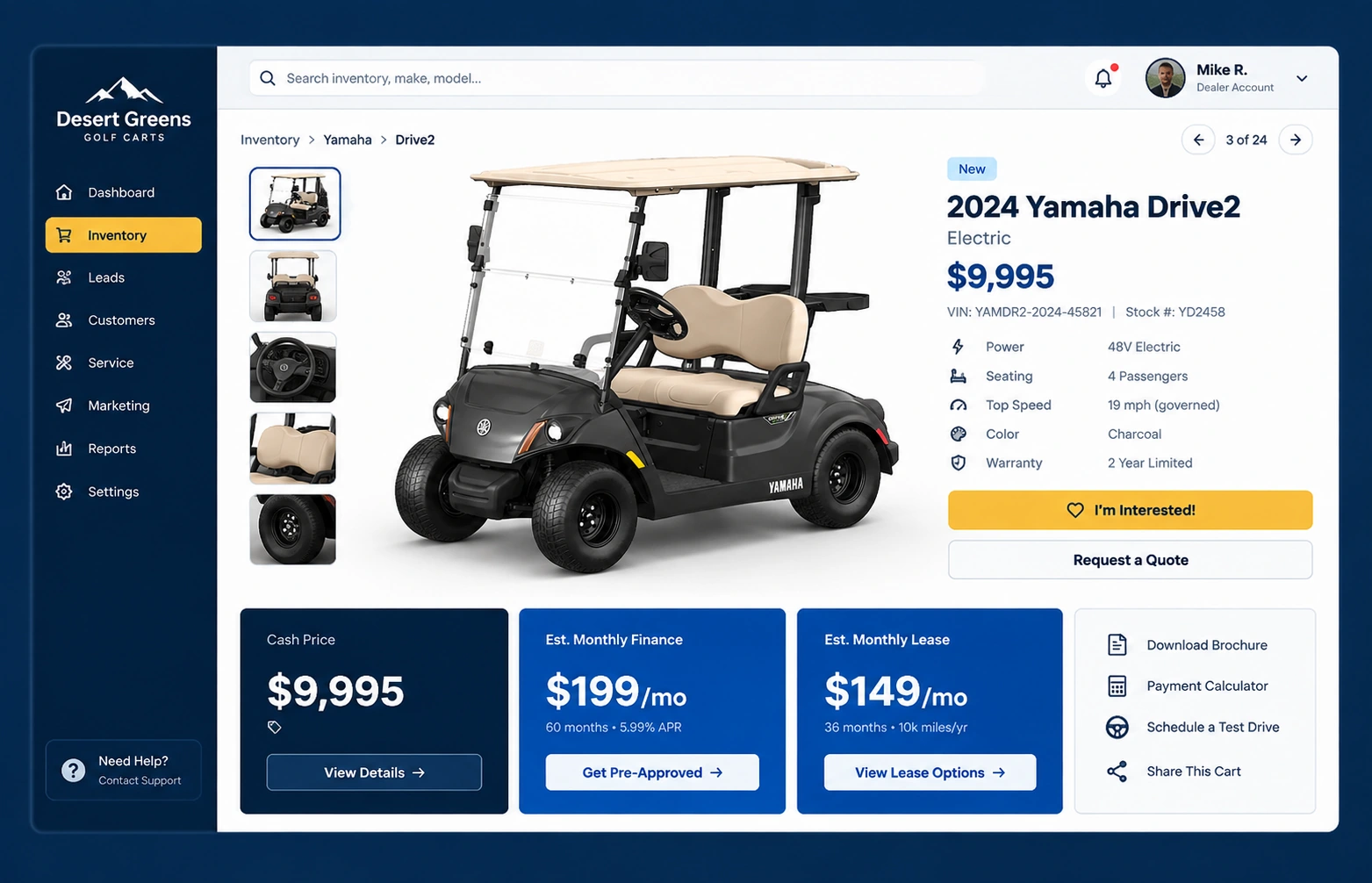 Custom golf cart dealership inventory management web application interface